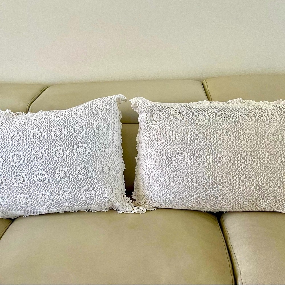White Crochet Throw Pillows 21/26 inches